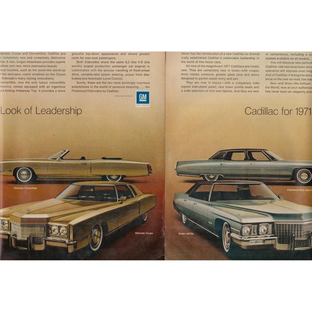 1971 Cadillac Eldorado Coupe Convertible deVille Fleetwood Sixty Print Ad 1970